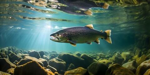 Salmon trout hunting underwater for prey in their natural habitat. Concept Underwater Fishing, Salmon Trout, Natural Habitat, Prey Hunting, Aquatic Life