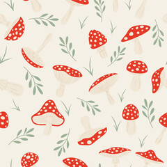 Vector Seamless Pattern with Hand Drawn Cartoon Fly Agaric Mushrooms. Amanita Muscaria, Fly Agaric Illustration, Mushrooms. Magic Mushroom Print, Design Template