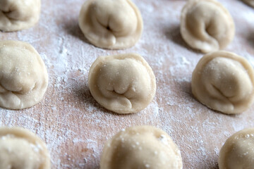 The raw dumplings were placed on a wooden cooking board, sprinkled with flour. The filling is minced meat, potatoes, cheese or cottage cheese. A semi-finished product, ready for cooking.