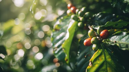 Detailed view of coffee beans growing directly on a tree, showcasing the natural process of coffee cultivation.