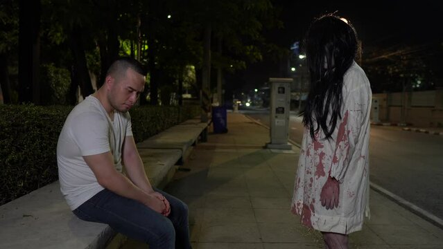 A man haunted by the vengeful spirit of his deceased lover, relentlessly following him through the night, consumed by anger and sorrow in a chilling supernatural encounter.