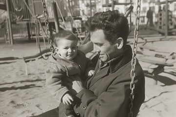 Black and white retro Vintage image from the 1960s: Young father posing with his son in a playground