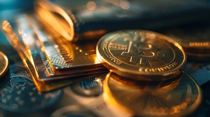 A stack of gold coins piled on top of each other.