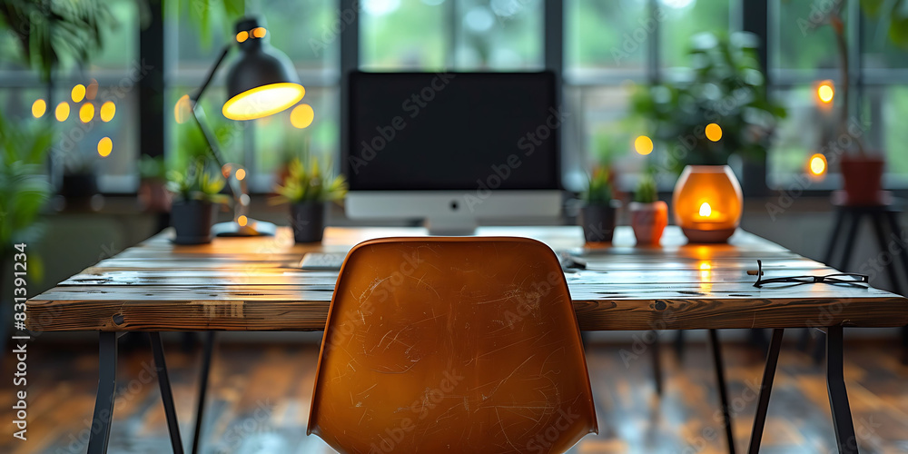 Poster closeup of a blurred desk in a workplace with blurry objects and soft lighting macro photography and