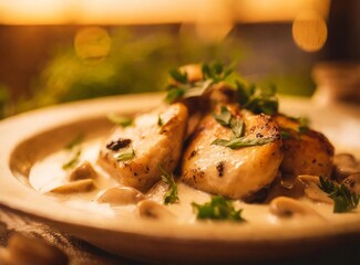Plate of chicken with mushrooms in a creamy sauce with herbs.