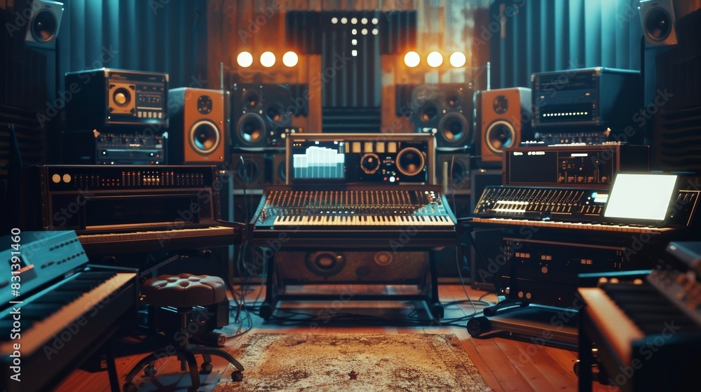 Poster a room overflowing with a vast array of musical equipment, from guitars and keyboards to drum kits a