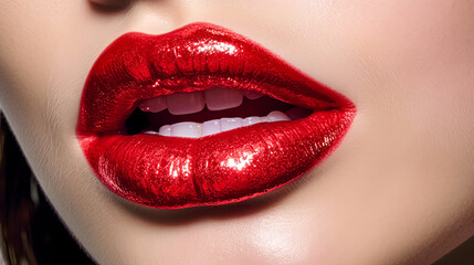 Obraz premium A close up of a woman's mouth with glittery pink lipstick.