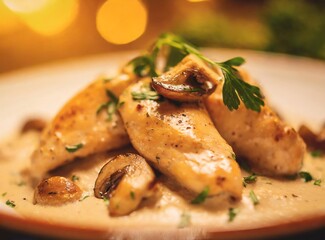 Plate of chicken with mushrooms in a creamy sauce with herbs.