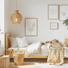 The modern living room features a sleek, minimalist design with clean lines and neutral tones, seamlessly integrating a cozy bed into the open space.