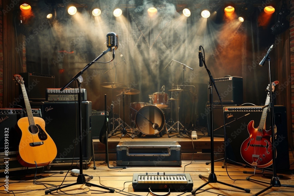 Poster a group of guitars, each with its unique design, resting gracefully on top of a stage, awaiting to b