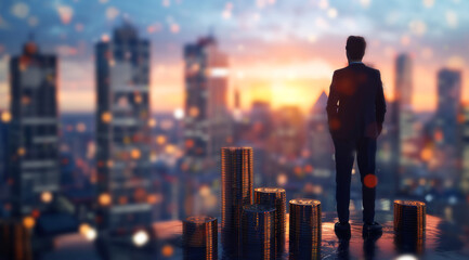 Silhouette of a man in front of a city at sunset signifying growth and financial success