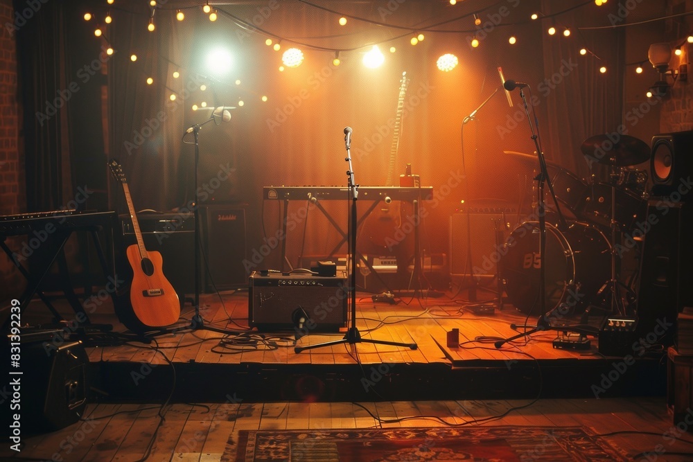 Leinwandbilder a stage set with an array of guitars and various musical instruments, ready for an electrifying perf