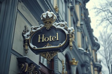 Elegant hotel facade with a vintage sign, creating a timeless and inviting atmosphere