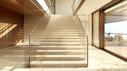 Fototapeta premium A sophisticated staircase with a seamless glass balustrade and warm wood tones