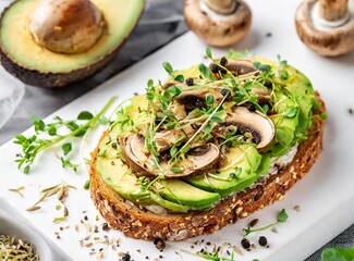 Toast avocado, mushrooms and microgreen whole grain sandwich. Decorated with sesame.