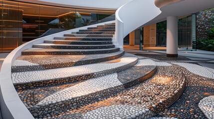 A grand staircase with an elegant, curved design and a series of steps that feature a unique, pebble mosaic