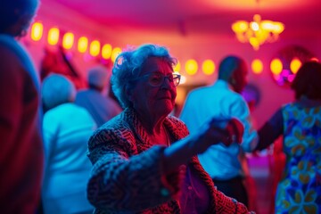 Elderly lady in glasses dances joyfully at a vibrant party with colorful lighting - Powered by Adobe