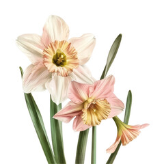 Fototapeta premium Bouquet of flowers and tulips isolated on white background with pink, purple, and yellow blossoms in full bloom, showcasing the beauty of spring and summer flora