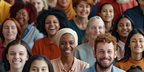 Diverse Group of People Smiling Together. A vibrant and joyful portrait of a diverse group of people, showcasing various ethnic backgrounds and ages, all smiling and radiating happiness.
