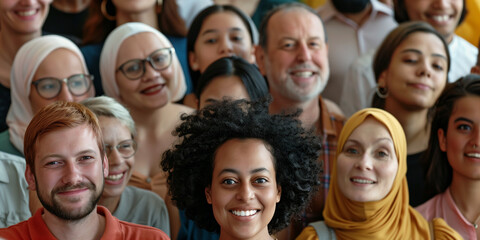 Fototapeta premium Diverse Group of People Smiling Together. A vibrant and joyful portrait of a diverse group of people, showcasing various ethnic backgrounds and ages, all smiling and radiating happiness.