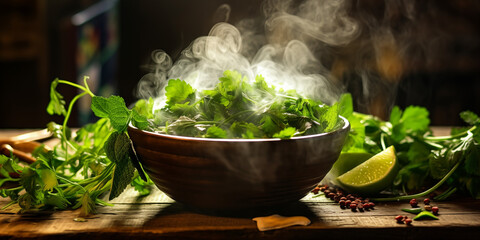 A steaming bowl of pho with fresh herbs and lime wedges on a rustic wooden table. 
