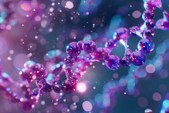 Creative representation of a dna strand with a vibrant bokeh effect on a blue backdrop
