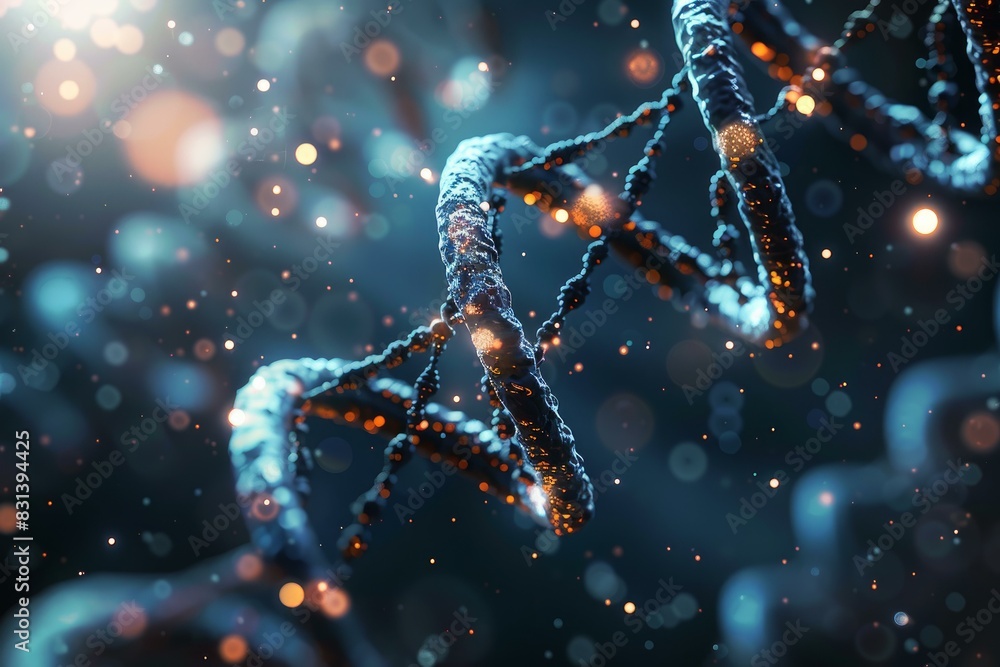 Poster 3d render of a dna double helix with glowing nodes in a bokeh background