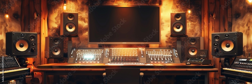 Poster a recording studio filled with sound equipment and a soundboard in action, capturing and mixing musi