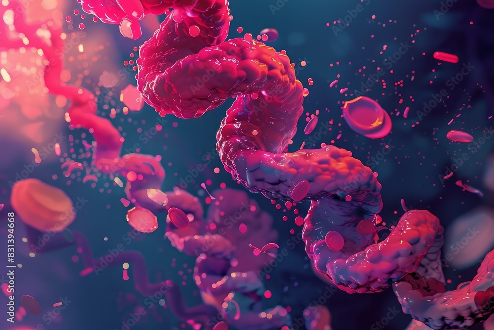Poster colorful 3d illustration of dna helix in a dynamic environment with floating particles