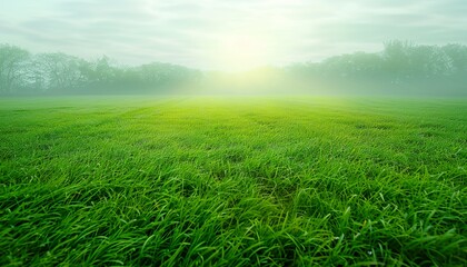 Panoramic Spring Background, Early Morning Light Fog Enhances Beautiful Natural Landscape with Fresh Cut Grass Lawn. Summer Serenity Scene. Meadow Morning Bliss, Tranquil Spring Scenery, Greenery