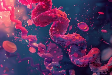 Colorful 3d illustration of dna helix in a dynamic environment with floating particles