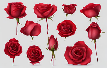 Fototapeta premium Set of watercolor red roses in various styles on a white background, Realistic set of vector elements of red roses flower, red Roses flower isolated on white background,plants and nature vector illust