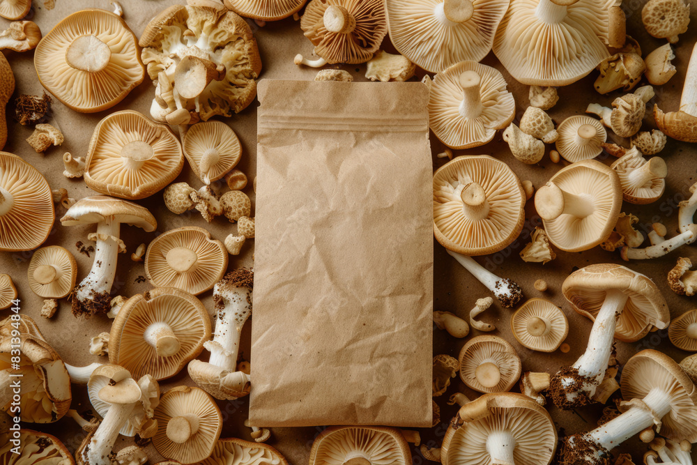 Wall mural a product shot of a mushroom supplement packet with blank label - Wall murals