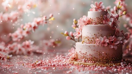 Three Tiered Cake With Pink Flowers