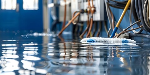 Clearing a Flooded Electrical Room with a Deep Water Mop and Electrical Cable in the Background. Concept Flood Cleanup, Waterlogged Electrical Room, Deep Water Mop, Electrical Safety