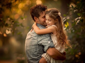 Fototapeta premium Stunning high-resolution photos of a father hugging his five-year-old daughter during a walk in the park. Photography that emphasizes and conveys the purity of emotions. Family
