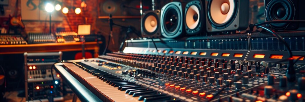 A recording studio brimming with sound equipment, microphones, mixing boards, and musical instruments ready for a creative session. Generative AI