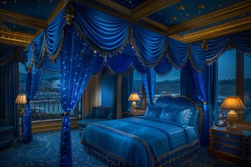 Luxurious bedroom with royal blue decor and plush furnishings, creating a regal and serene space for rest