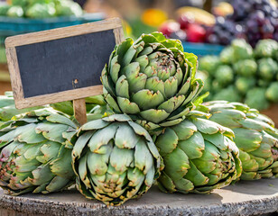Obraz premium Fresh artichokes for sale at a local farmers market with a price sign
