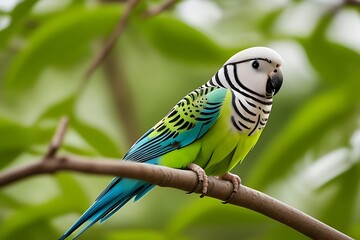A vibrant parakeet perched on a branch of a lush green tree