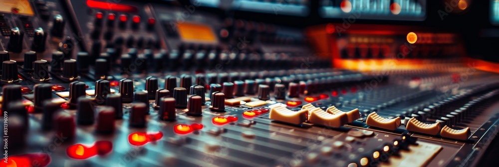 Poster A detailed close-up of a sound mixing console in a recording studio, showcasing knobs, sliders, and buttons used to adjust audio levels and create music. Generative AI
