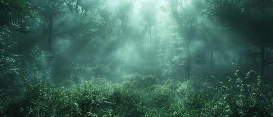 Obraz premium A mist-shrouded forest at dawn, the ethereal light filtering through the dense foliage, casting an otherworldly glow on the forest floor