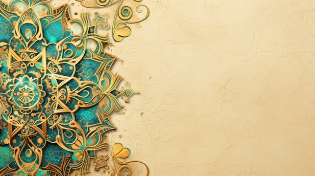 A Golden and Turquoise Mandala Adorning the Left Side, Radiating Beauty and Harmony.
