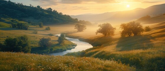 Obraz premium A serene countryside vista, with rolling hills and a winding river cutting through the landscape, the soft colors of dawn captured in exquisite detail