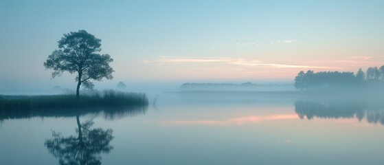 Fototapeta premium A serene lakeside at dawn, the soft hues of the sky blending seamlessly with the calm waters, captured in the crisp clarity