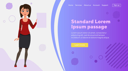 Asian woman holding blank document. Female business character in blouse and skirt. Flat vector illustration. Business, advertising concept for banner, website design or landing page