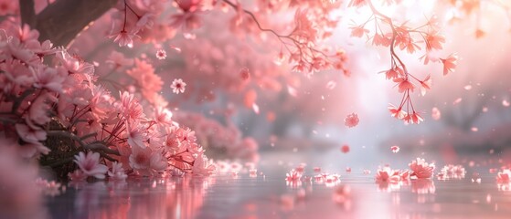 A tranquil garden adorned with blooming cherry blossoms, their delicate petals fluttering in the breeze, the soft pink hues captured in exquisite detail