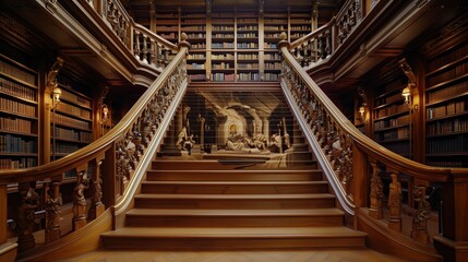 A grand staircase with an ornate, hand-carved railing depicting a historical scene, leading to a private library