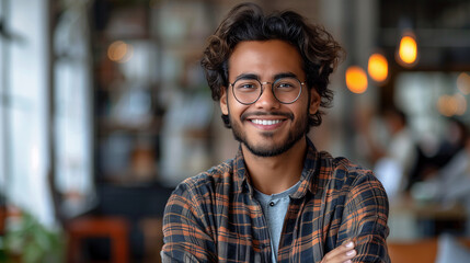 Fototapeta premium Smiling young man with glasses and curly hair in a plaid shirt, in a modern office background