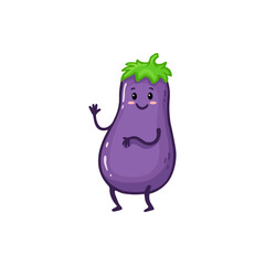 Funny cartoon eggplant. Cute character vegetable isolated on white background. Doodle style. Flat character. 